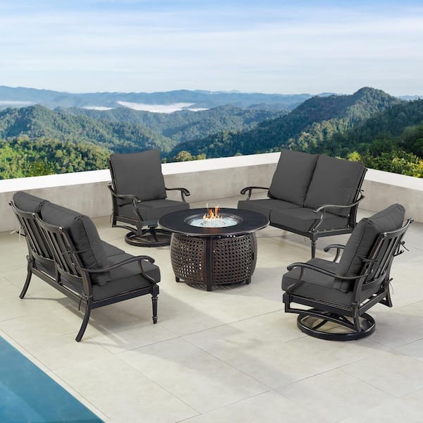 Black 5-Piece Aluminum Patio Fire Pit Set with Black Cushions
