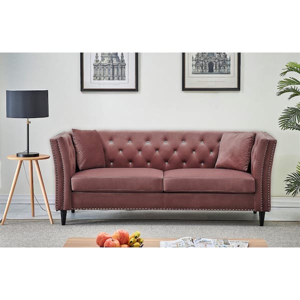 US Pride Furniture Rivas 64.5 in. Rose Velvet 3-Seater Tuxedo Sofa with Square Arms