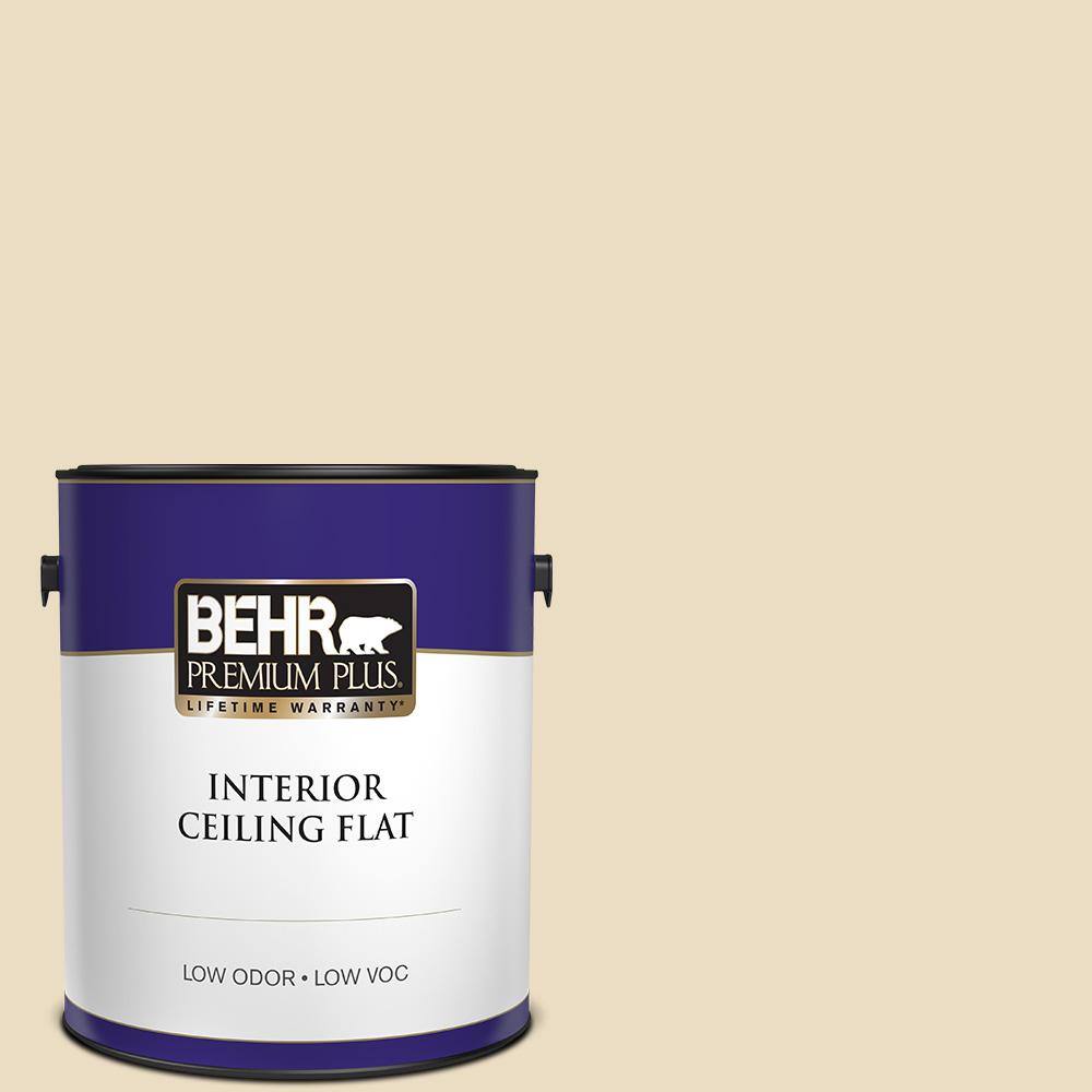 BEHR PREMIUM PLUS 1 gal. PPL76 Ecru Ceiling Flat Interior Paint 55801