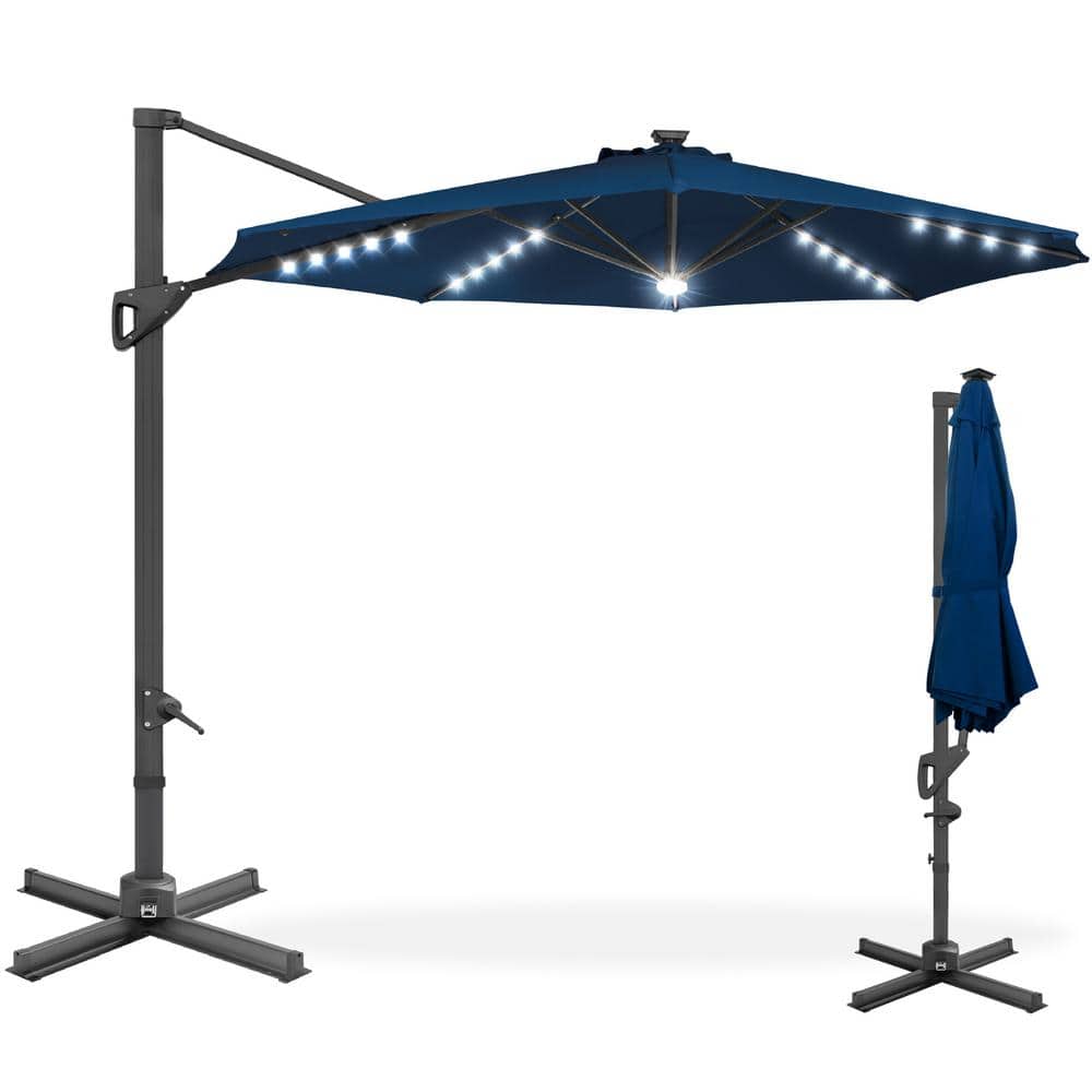 10ft Navy Blue Solar LED Cantilever Patio Umbrella with Cross Base