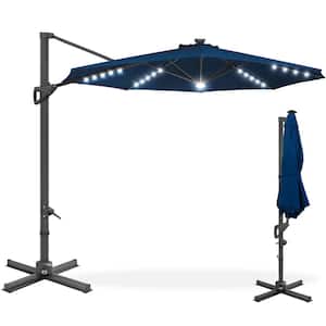 10 ft. 360-Degree Solar LED Cantilever Patio Umbrella, Outdoor Hanging Shade with Lights in Navy Blue
