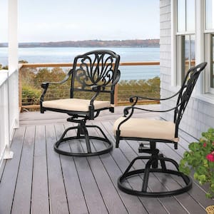Black Swivel Aluminum Patio Outdoor Dining Chair with Waterproof Beige Cushion (2-Pack)
