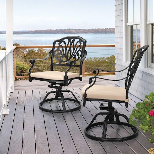 DEXTRUS Black Swivel Aluminum Patio Outdoor Dining Chair with Waterproof Beige Cushion (2-Pack)
