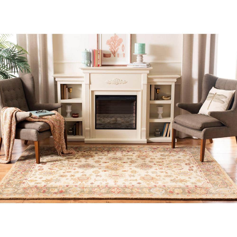 Ivory and Green Handmade Wool Tufted 8' x 10' Area Rug