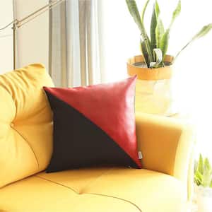 Bohemian Vegan Faux Leather Black and Red 18 in. x 18 in. Square Solid Throw Pillow