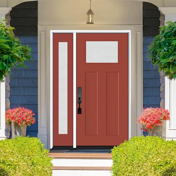 Legacy 53 in. x 80 in. 1/4 Toplite Rain Glass RHIS Primed Morocco Red Finish Fiberglass Prehung Front Door w/ 14 in. SL