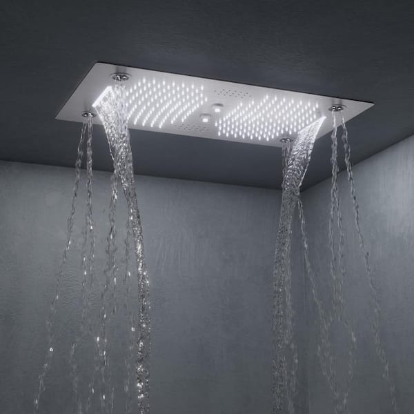 GRANDJOY 28 in. Rectangle Aurora 6-Spray Ceiling Mount Fixed and Handheld Dual Shower Head 2.5 GPM in Brushed Nickel
