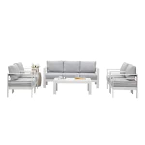 White 6-Piece Aluminum Patio Conversation Set with Light Grey Cushions