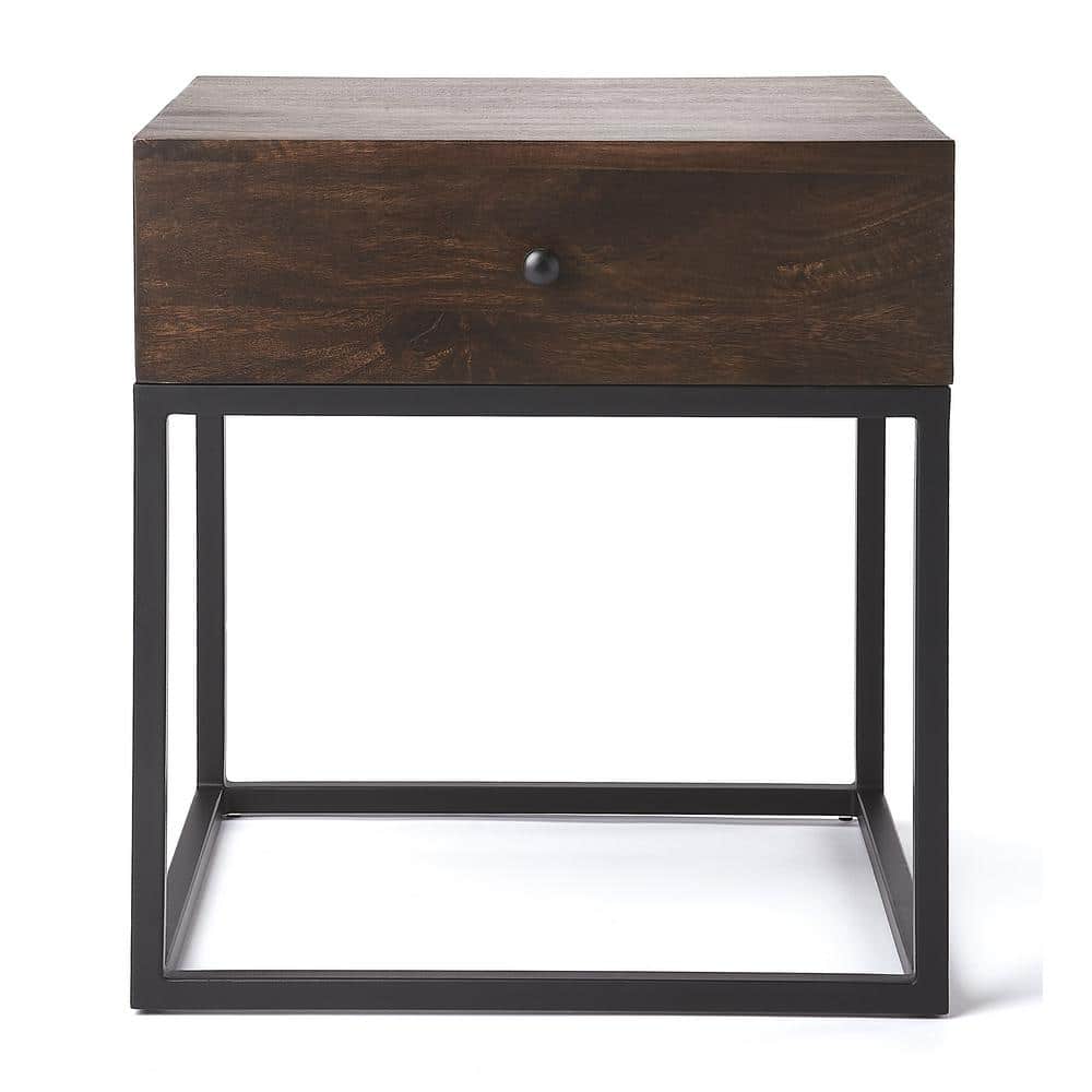 Modern Industrial Mango Wood & Iron End Table with Drawer