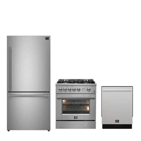 3-Piece Kitchen Bundle - 30 in. Gas Range 5 Burner, French Door Refrigerator, Built-In Dishwasher, Stainless Steel