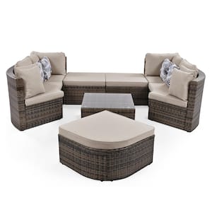 GO 8-piece Brown Wicker Outdoor Sofa Sectional Set with Beige Cushions, Conversation Sofa, For Patio, Garden, Deck.