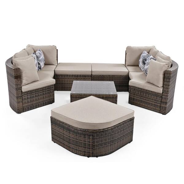 Unbranded GO 8-piece Brown Wicker Outdoor Sofa Sectional Set with Beige Cushions, Conversation Sofa, For Patio, Garden, Deck.
