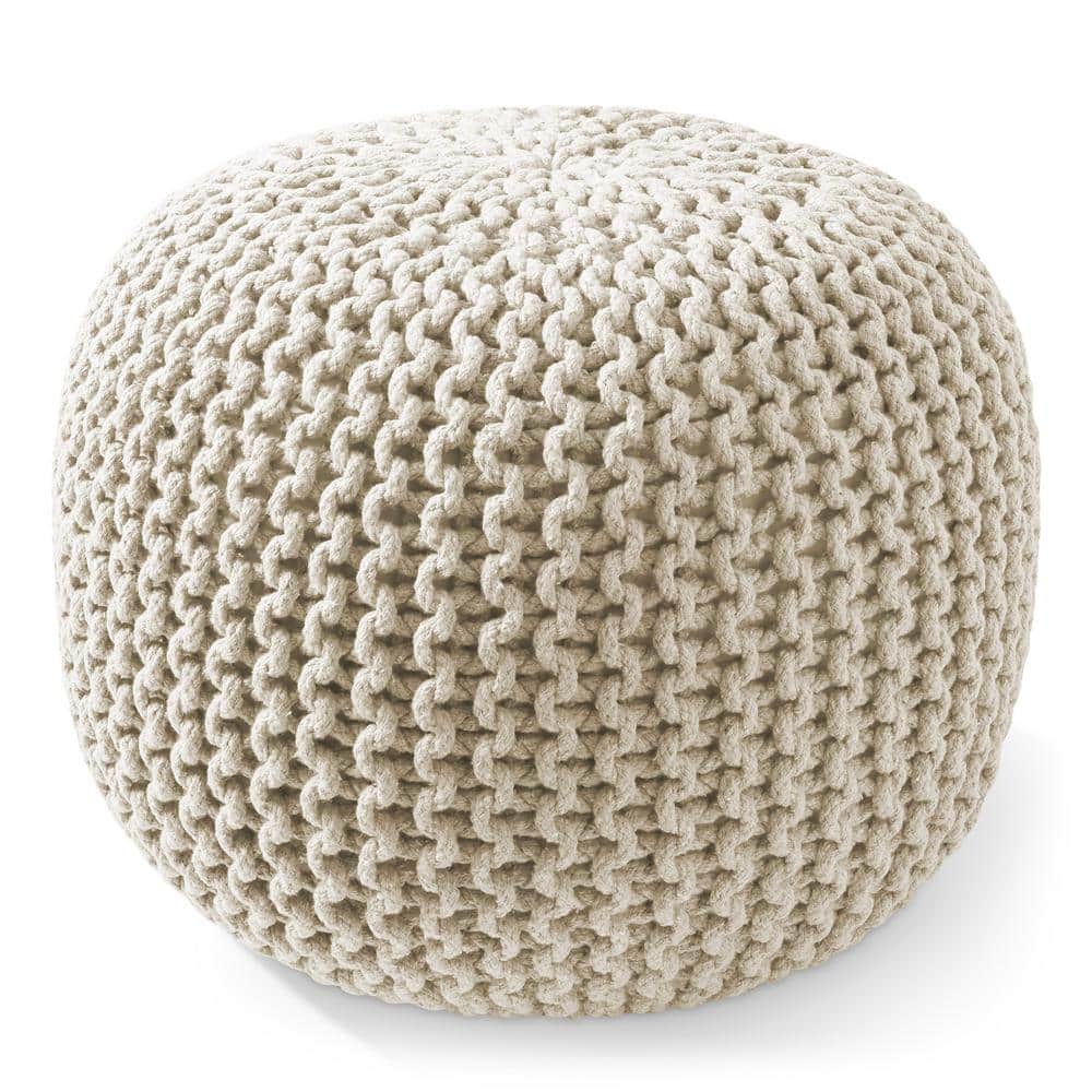 Natural Cotton Knit Round Pouf Ottoman, 20" x 14.5"