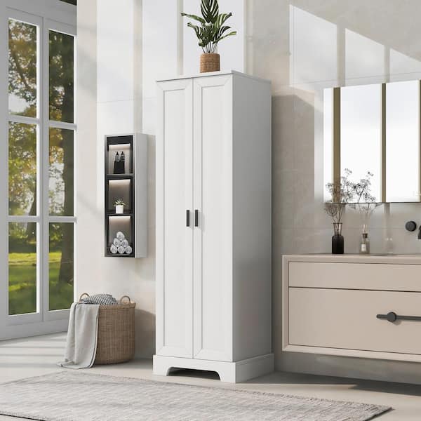 Zeus & Ruta 23.3 in. W x 16.9 in. D x 71.2 in. H White Wood Linen Cabinet Storage Cabinet with 2 Doors 4 Drawers Adjustable Shelf
