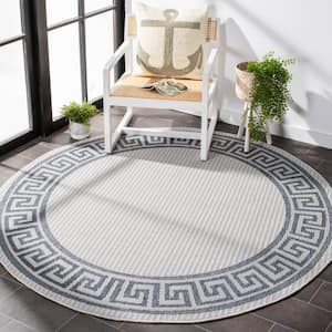 Bermuda Ivory/Blue 5 ft. x 5 ft. Round Machine Washable Border Striped Indoor/Outdoor Area Rug
