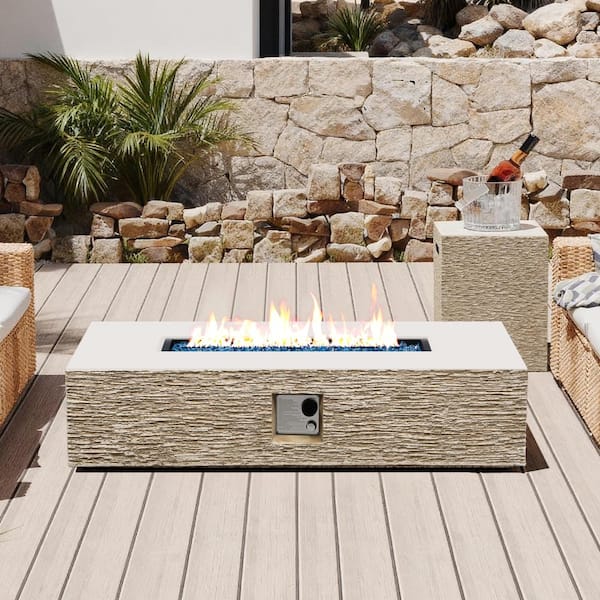 56-Inch Rectangular Concrete Propane Fire Pit Table with Tank Cover,Beige