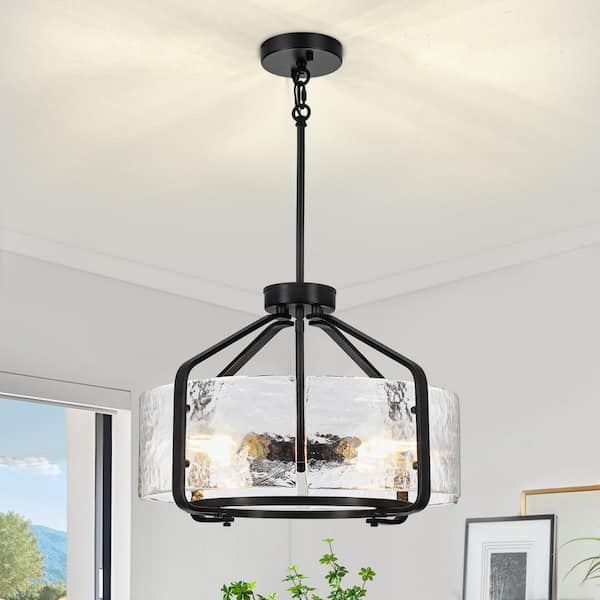 4-Light Black Modern Farmhouse Drum Chandelier with Water Ripple Glass Shade