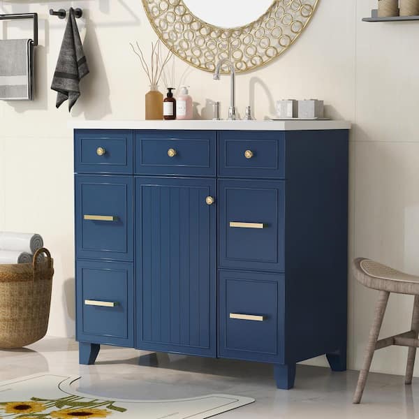 36 in. W x 18 in. D x 34 in. H Wood Frame Bath Vanity in Navy Blue with White Ceramic Top and Shaker Cabinet