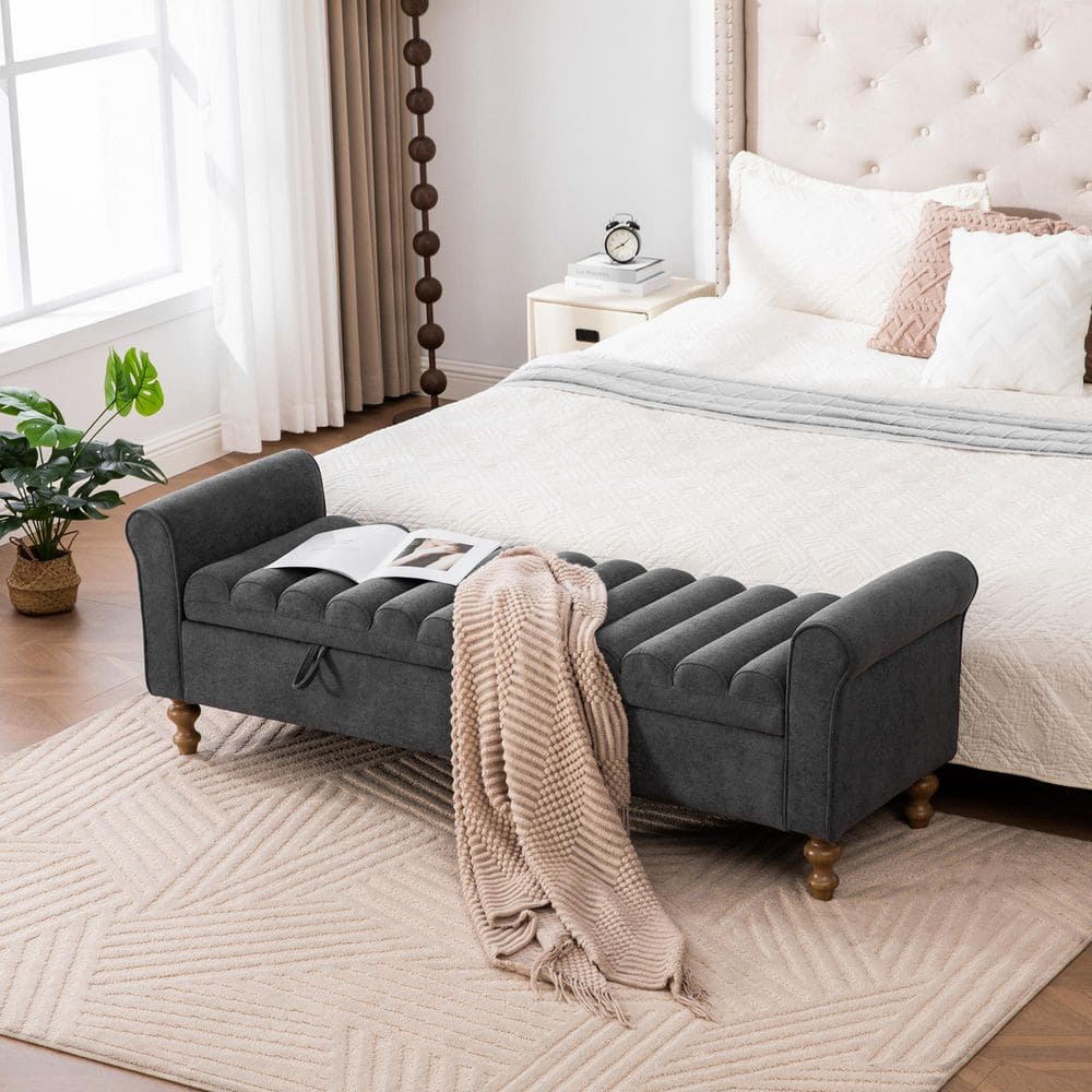 Charcoal 65.6 in. Upholstered Storage Bench with Double Lids and Rolled Arms Rubberwood Legs for Bedroom Entryway price history on PriceWatchPro