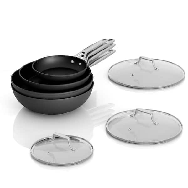 7-Piece Nonstick Cookware Set Black Aluminum German Coating Induction Compatible Oven Safe Dishwasher Safe