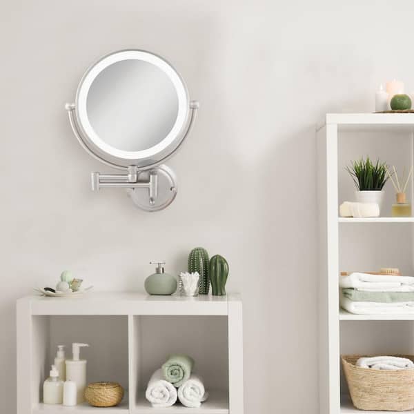 Zadro Glamour 18 in. H x 14 in. W Fluorescent Wall Mount Bi-View 5X/1X Magnification Hardwired Makeup Mirror in Satin Nickel