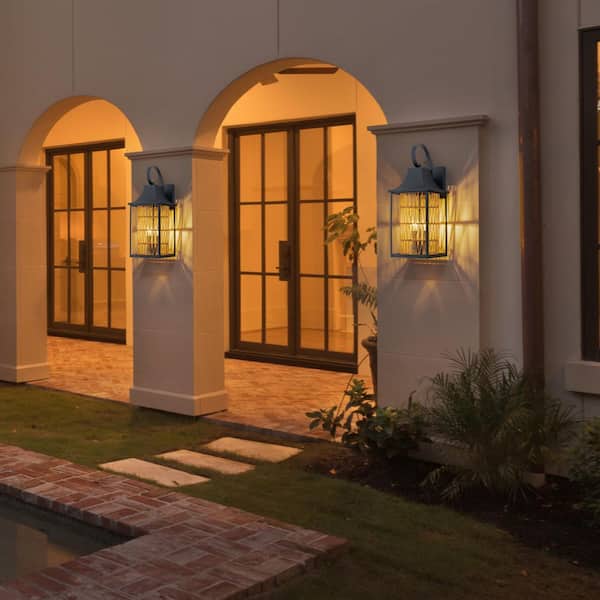 24 in. Black 3-Light Dusk to Dawn Outdoor Hardwired Wall Lantern Sconce with Rattan Accent and Glass, No Bulbs Included