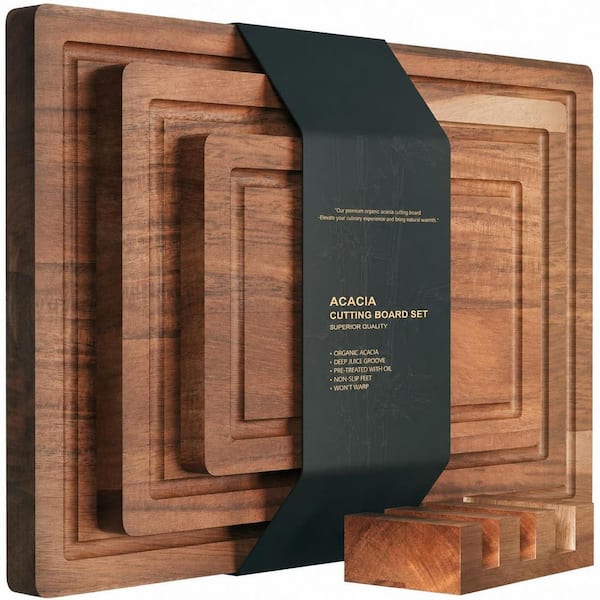 3-Piece Natural Acacia Wood Cutting Board Set Kitchen Chopping Boards with Juice Groove and Stand Holder