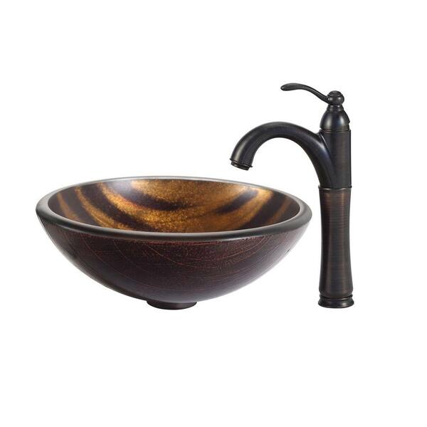 KRAUS Bastet Glass Vessel Sink in Brown with Riviera Faucet in Oil Rubbed Bronze