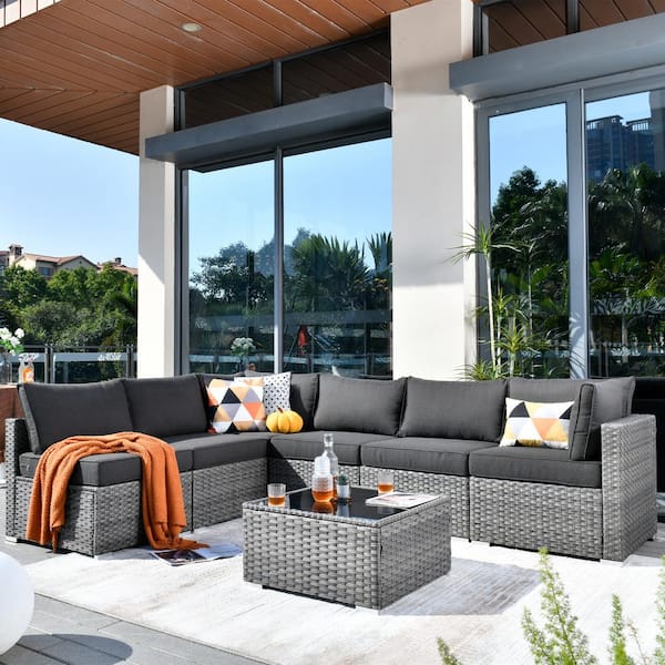OVIOS HOPPISH Gray 7-Piece Wicker Patio Conversation Set with Black Cushions