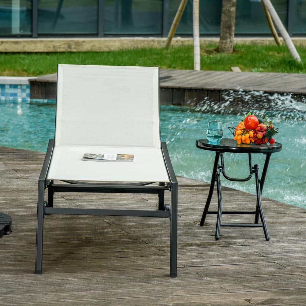 Cream Armless Outdoor Steel Chaise Lounge Chair