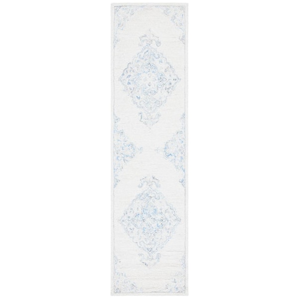 Micro-Loop Ivory/Blue 2 ft. x 9 ft. Medallion Oriental Runner Rug