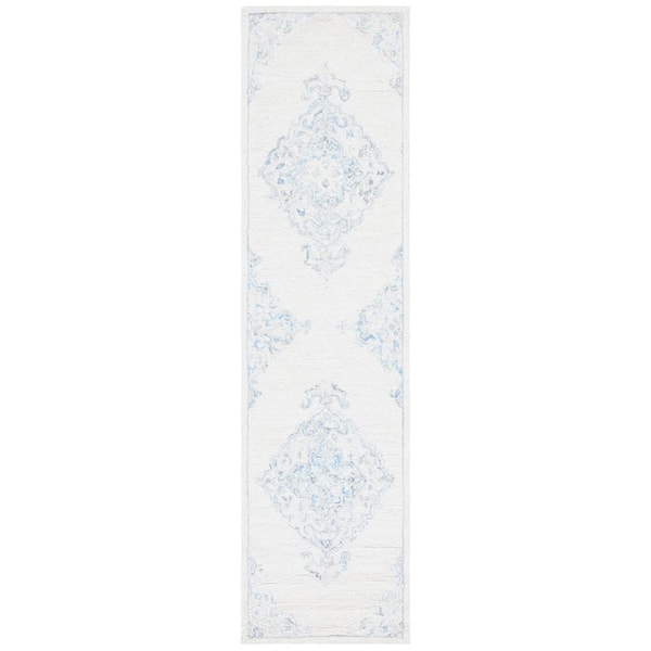 SAFAVIEH Micro-Loop Ivory/Blue 2 ft. x 9 ft. Medallion Oriental Runner Rug