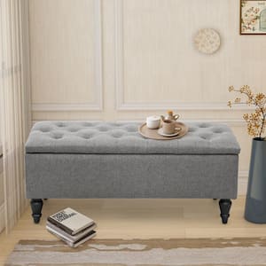 38 in. W x 17 in. D x 17 in. H Grey Fabric Upholstered Flip Top Storage Bench with Turn Solid Wood Legs