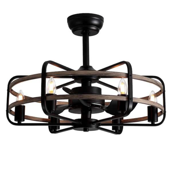 Caged 25 in. Indoor Black Low Profile Fandelier Ceiling Fan with E26 Bulb Type (Not Included) with Remote Included