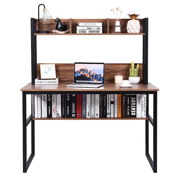 Ivinta Computer Desk with Drawers, 52 Inches Office Desk with Hutch and Printer Shelf, Modern Writing Desk - Brown