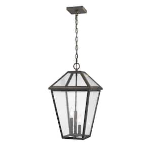3-Light Rubbed Bronze Outdoor Pendant Light with Seedy Glass Shade