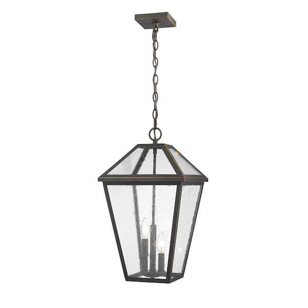 Unbranded 3-Light Rubbed Bronze Outdoor Pendant Light with Seedy Glass Shade