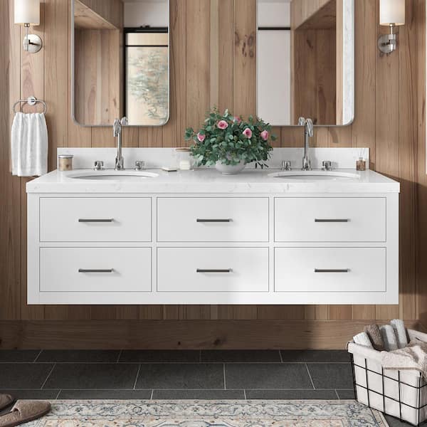 ARIEL Hutton 60.25 in. W x 22 in. D x 19.6 in. H Double Sink Freestanding Bath Vanity in White with Carrara White Quartz Top