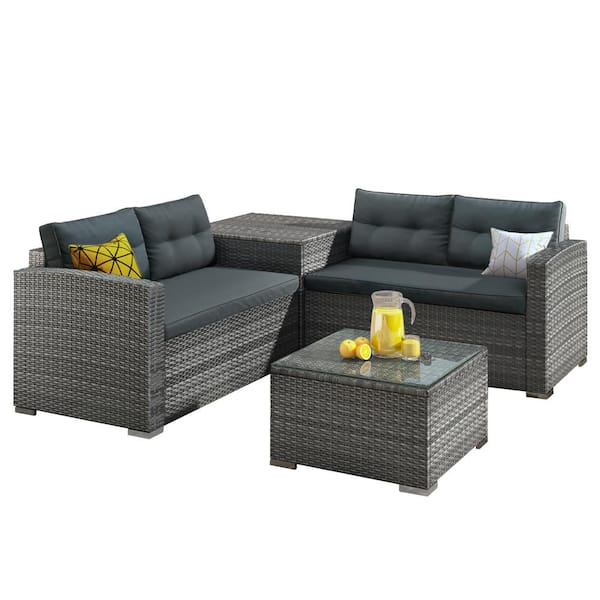 BTMWAY 4-Piece Wicker Patio Conversation Set Outdoor Sectional Sofa Set with Dark Gray Cushions and Large Storage Box