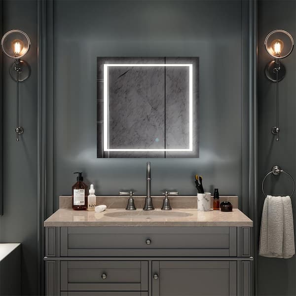 Royale Plus 30 in W x 30 in. H Recessed or Surface Mount Medicine Cabinet with Bi-View Door,LED Lighting,Mirror Defogger