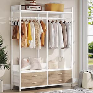 Carmalita Walnut White Wood 47.2 in. Armoire Closet Organizer Hanging Rod Garment Shelves 4-Drawers 8-Hooks Rack