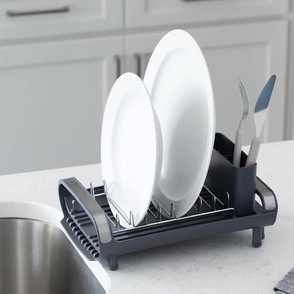 Compact Gray Metal Foldable Dish Rack with Utensil Cup