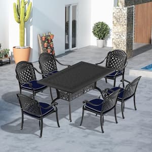 7-Piece Cast Aluminum Outdoor Bistro Set Patio Table Set with Random Colors Cushion and Umbrella Hole in Black