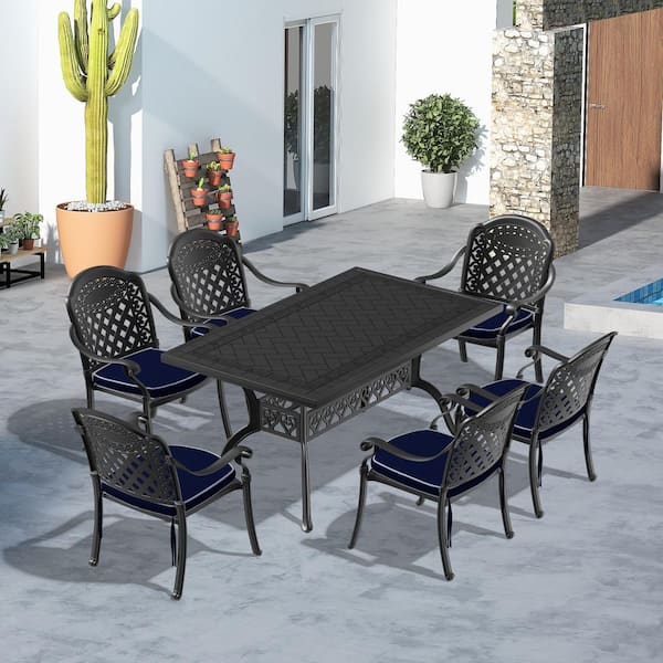 Cesicia 7-Piece Cast Aluminum Outdoor Bistro Set Patio Table Set with Random Colors Cushion and Umbrella Hole in Black