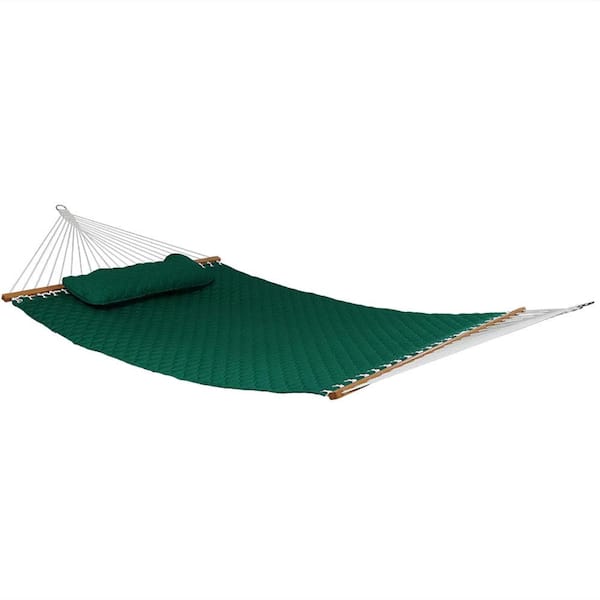 Sunnydaze 10-1/2 ft. Quilted Double 2-Person Hammock with Spreader Bars and Pillow in Green