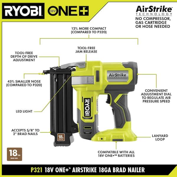 RYOBI ONE+ 18V 18-Gauge Cordless AirStrike Brad Nailer (Tool Only
