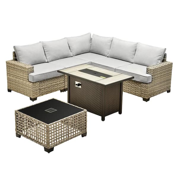 Kelleys 7-Piece Wicker Outdoor Patio Conversation Sofa Sectional Set with a Fire Pit and Light Grey Cushions