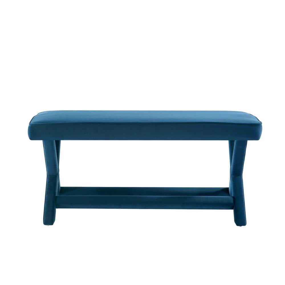 Abigail Blue Velvet Upholstered Double Ottoman with Solid Wood Frame