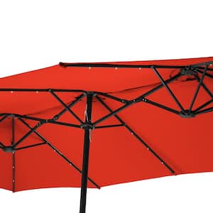 15 ft. Steel Patio Double-Side Market Umbrella with Base and Solar Light with Base in Orange