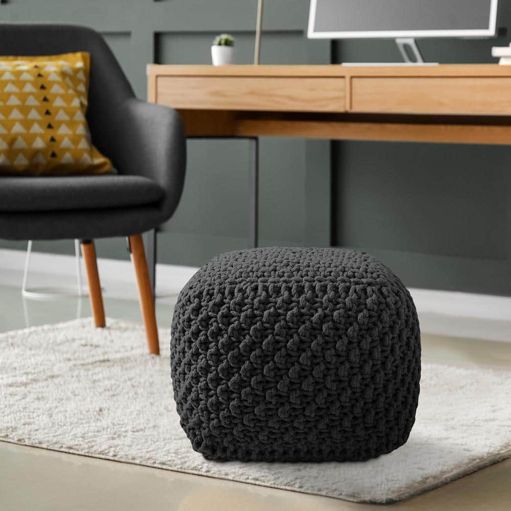 Black Hand-Knitted Cotton Square Pouf Ottoman